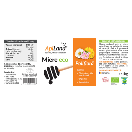 Miere poliflora cruda ECO 1kg Apiland