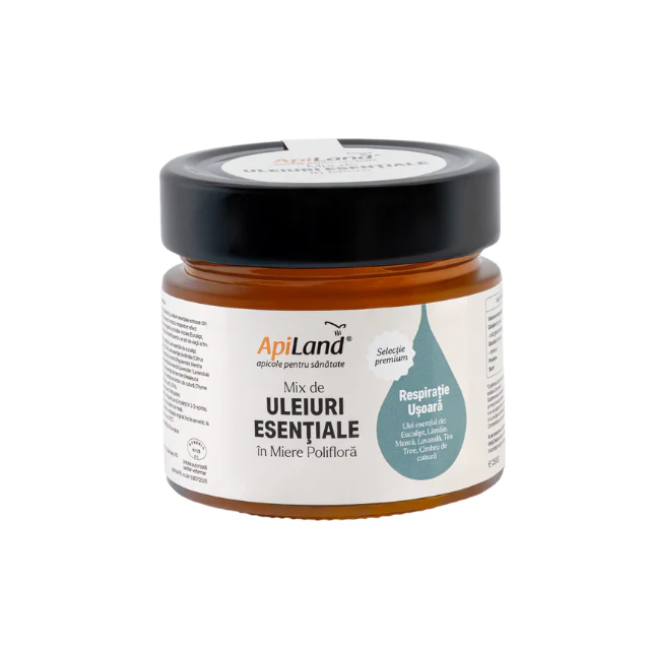 Miere Polifloră cu Mix de Uleiuri Esențiale (eucalipt, lămâie, mentă, lavandă, tea tree, cimbrișor) - pentru respirație - 250g Apiland