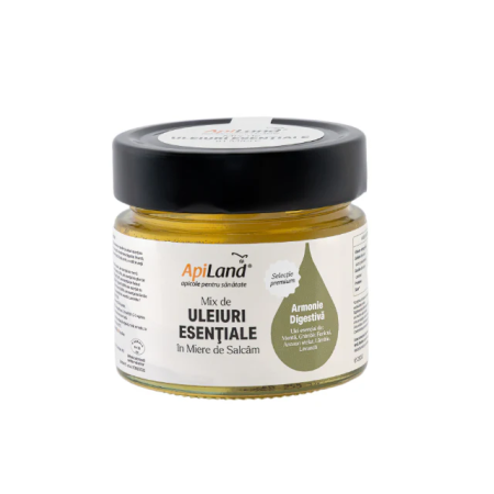 Miere de salcâm cu Mix de Uleiuri Esențiale (mentă, lămâie, ghimbir, lavandă, fenicul, anason stelat) - pentru digestie - 250g Apiland
