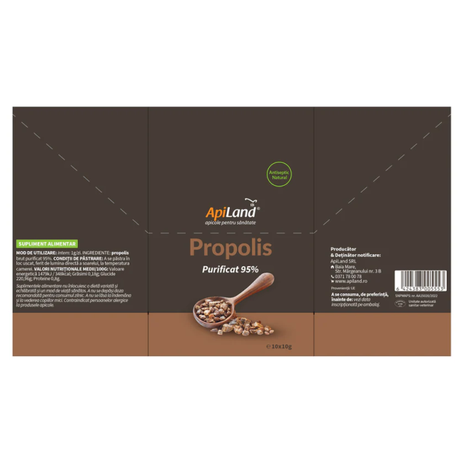 Pachet Propolis purificat 95% - 10 plicuri x 10g Apiland