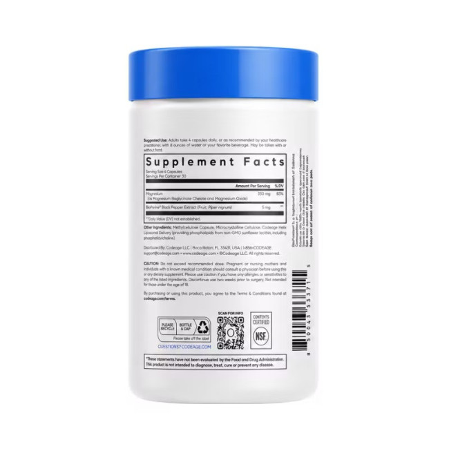 CodeAge Liposomal Magnesium Glycinate, Magneziu bisglicinat lipozomal cu bioPerine®, formula avansata pentru absorbtie superioara, 120 cps