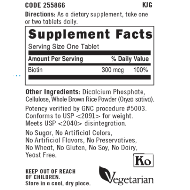 Gnc Biotin 300 Mcg, Biotina, 100 Tb