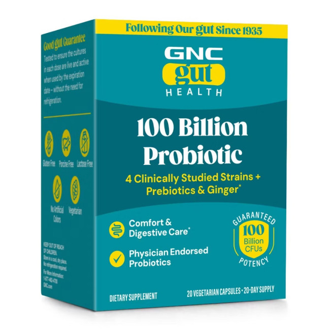 GNC Gut Health Probiotic Extra Strength Multi Strain 100 Billion CFUs, Probiotic LAB4® Studiat Clinic, 100 Miliarde Culturi Vii, 20 cps