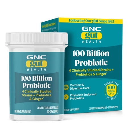 GNC Gut Health Probiotic Extra Strength Multi Strain 100 Billion CFUs, Probiotic LAB4® Studiat Clinic, 100 Miliarde Culturi Vii, 20 cps