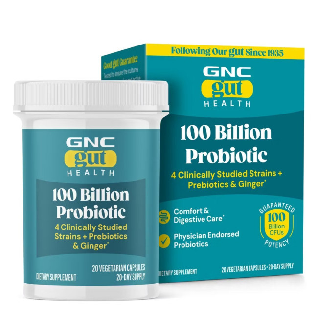 GNC Gut Health Probiotic Extra Strength Multi Strain 100 Billion CFUs, Probiotic LAB4® Studiat Clinic, 100 Miliarde Culturi Vii, 20 cps