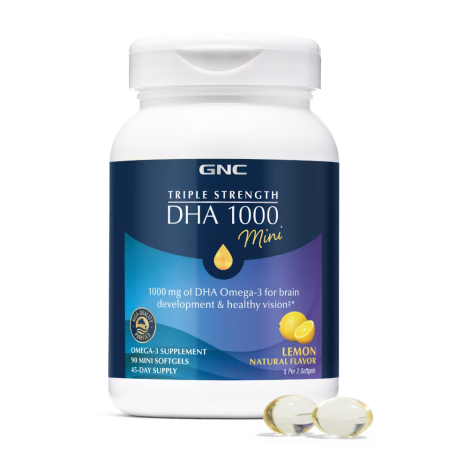 GNC Triple Strength DHA 1000 Mini, Acizi grasi DHA omega-3 mini, cu aroma naturala de lamaie, 90 cps