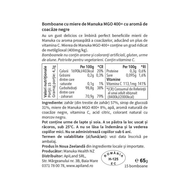 Bomboane cu Miere de Manuka MGO™ 400+ si Coacaze 65g