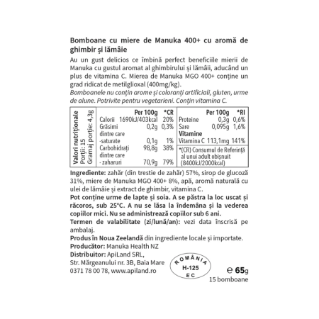 Bomboane cu Miere de Manuka MGO™ 400+, Ghimbir si Lamaie 65g 