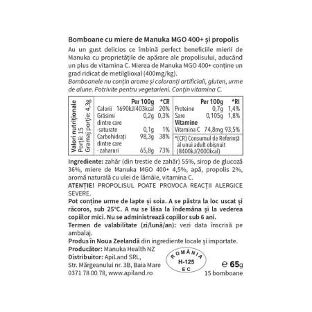 Bomboane cu Miere de Manuka MGO™ 400+ si Propolis 65g 