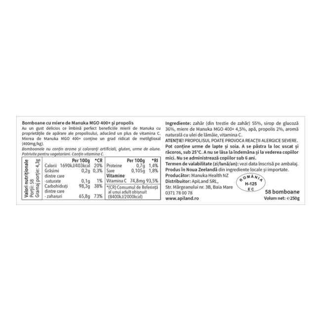 Bomboane cu Miere de Manuka MGO™ 400+ si Propolis 250g
