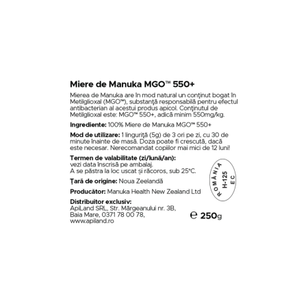 Miere de Manuka (MGO 550+) 250g Manuka Health