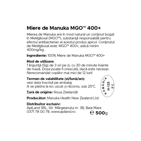 Miere de Manuka (MGO 400+) 500g Manuka Health