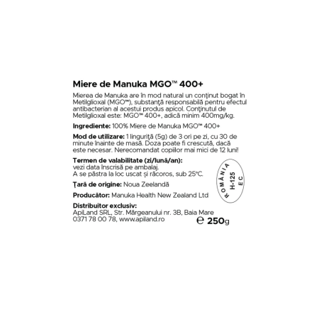 Miere de Manuka (MGO 400+) 250g Manuka Health