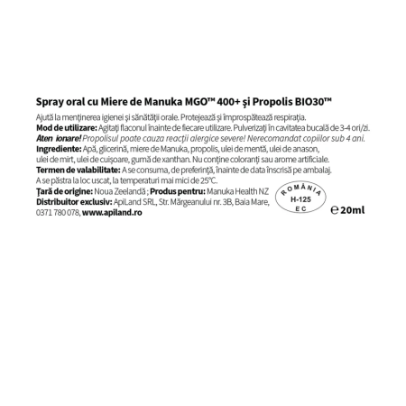 Spray oral cu Miere de Manuka MGO™ 400+ şi Propolis BIO30™ 20ml Manuka Health 