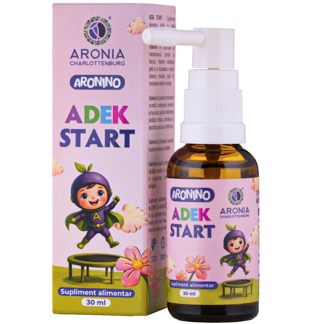 Aronino ADEK Start — formula lichidă cu 4 vitamine esențiale (A, D, E, K) pentru sprijinul celor mici în fiecare etapă a creșterii