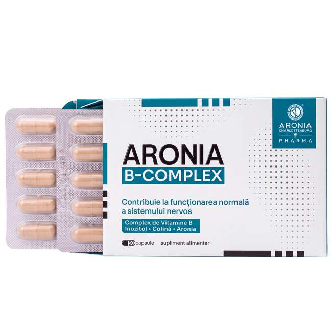 Aronia B-Complex — 30 de capsule cu toate cele 8 Vitamine B + Aronia, pentru sistemul nervos, reducerea oboselii și mai multă energie | Pharma