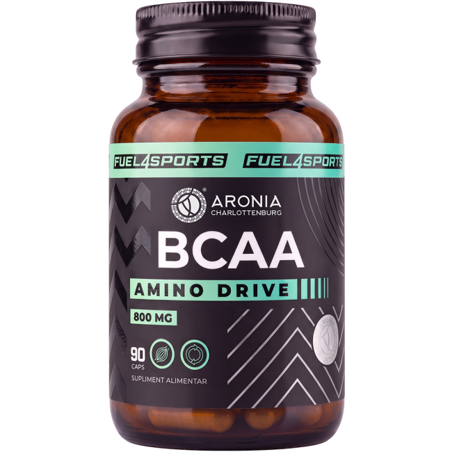 BCAA Amino Drive 800 mg – 90 de capsule cu 3 aminoacizi esențiali, pentru mușchi, recuperare și rezistență | FUEL4SPORTS