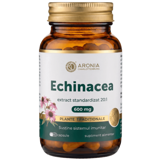 Echinacea 600 mg — 60 capsule cu extract concentrat din plantă, pentru susținerea sistemului imunitar, confort respirator și sprijin împotriva răcelilor  |  Plante Tradiționale
