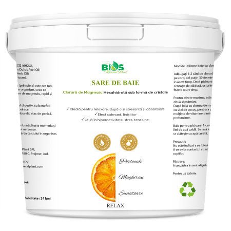 Sare de Baie - RELAX - cu magneziu (Sare Nigari) și Uleiuri Esențiale de Portocală, Maghiran și Sunătoare, 850 g
