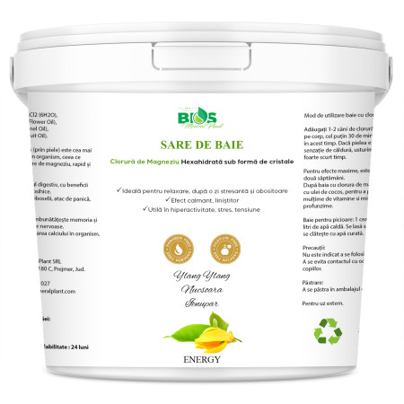 Sare de Baie - ENERGY - cu Magneziu (Sare Nigari) și Uleiuri Esențiale de Ylang Ylang, Nucșoară și Ienupăr, 850 g