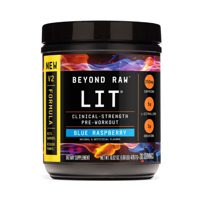 Beyond Raw Lit V2 Pre-workout With Crisp Blue Raspberry Flavor, Pre-workout Cu Aroma De Zmeura Albastra, 479.7 G