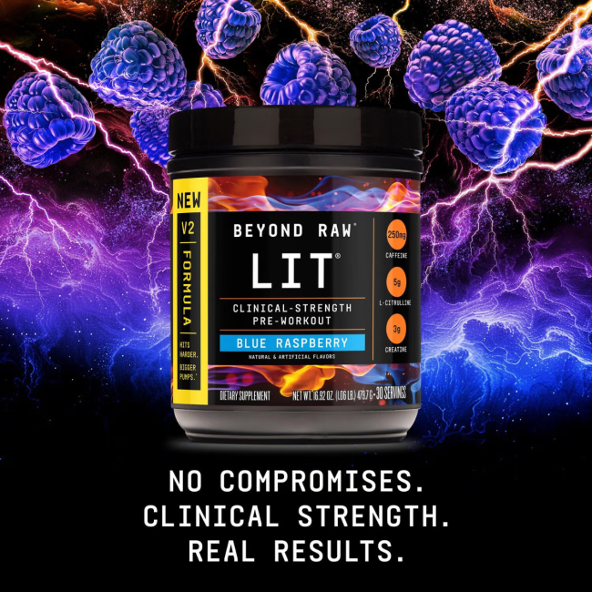 Beyond Raw Lit V2 Pre-workout With Crisp Blue Raspberry Flavor, Pre-workout Cu Aroma De Zmeura Albastra, 479.7 G