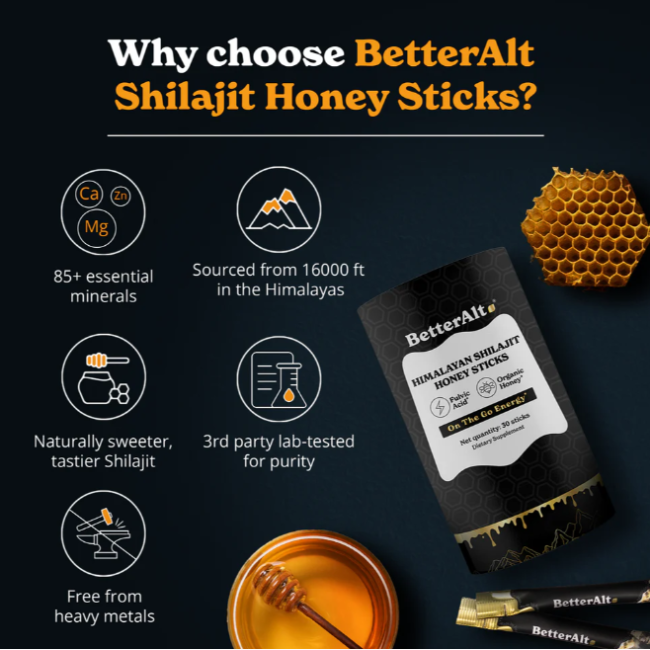 Better Alt Himalayan Shilajit Honey Sticks, Pliculete De Shilajit Din Himalaya Si Miere Cu 75% Acid Fulvic, 30 Pliculete