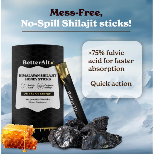 Better Alt Himalayan Shilajit Honey Sticks, Pliculete De Shilajit Din Himalaya Si Miere Cu 75% Acid Fulvic, 30 Pliculete