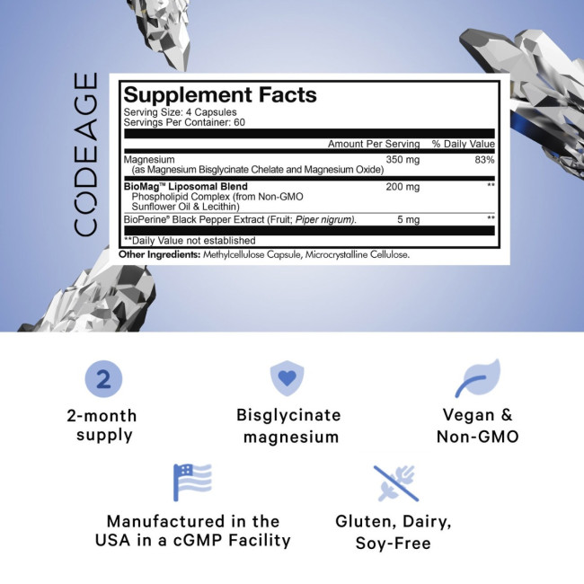 Codeage Magneziu Bisglicinat Lipozomal Cu Bioperine - Formula Avansata Pentru Absorbtie Superioara, 240 Cps Codeage Magneziu Bisglicinat Lipozomal Cu Bioperine - Formula Avansata Pentru Absorbtie Superioara, 240 Cps