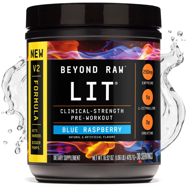Beyond Raw Lit V2 Pre-workout With Crisp Blue Raspberry Flavor, Pre-workout Cu Aroma De Zmeura Albastra, 479.7 G
