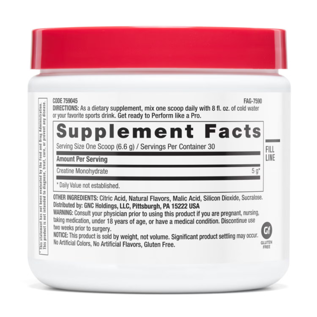 Gnc Pro Performance Creatine Monohydrate, Creatina Monohidrata Cu Aroma De Zmeura Albastra Pentru Sustinerea Musculaturii Si A Functiei Cognitive, 198 G