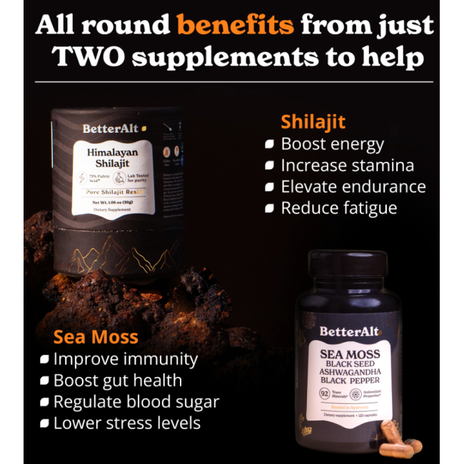Better Alt Shilajit Sea Moss, Formula De Shilajit Cu Alge Marine, Ashwagandha Si Tongkat Ali, 120 Cps