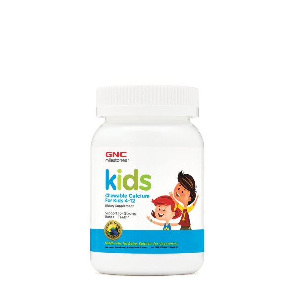 Gnc Milestones Kids Chewable Calcium, Calciu Pentru Copii 4-12 Ani, Cu Aroma Naturala De Limonada Si Afine, 60 Tb