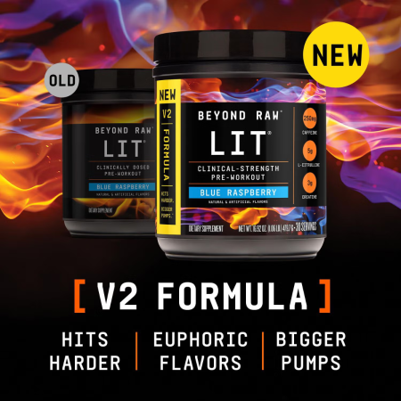 Beyond Raw Lit V2 Pre-workout With Crisp Blue Raspberry Flavor, Pre-workout Cu Aroma De Zmeura Albastra, 479.7 G