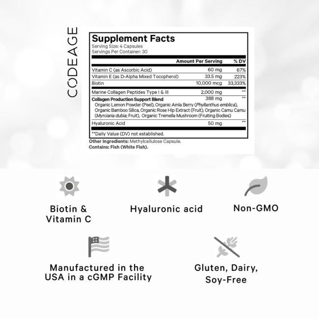 Codeage Biotin Marine Collagen+formula Completa Cu Colagen Marin Si Acid Hyaluronic, 120 Cps