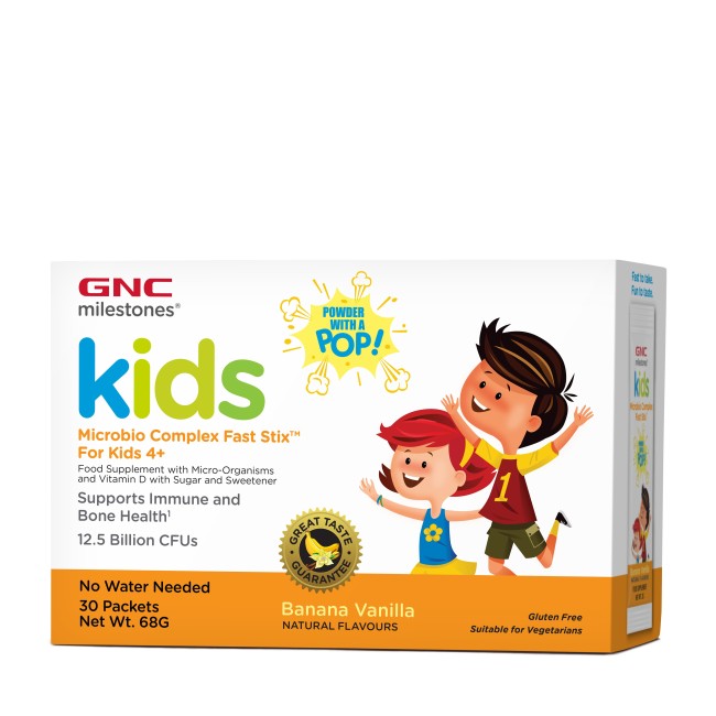 Gnc Milestones Kids Microbio Complex Fast Stix, Probiotice Pentru Copii 4+ Ani Cu Aroma De Vanilie Si Banane, 30 Plicuri