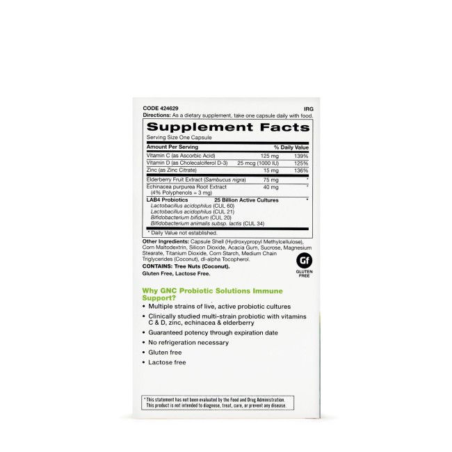 Gnc Probiotic Solutions Immune Support - 25 Billion Cfus, Suport Pentru Imunitate 25 Miliarde Culturi Vii, 30 Cps
