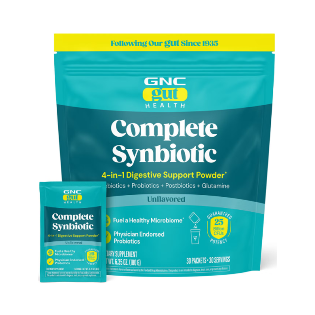Gnc Gut Health Complete Synbiotic 4-in-1 Digestive Support Powder, Formula Premium Pentru Sustinerea Digestiei Si A Imunitatii, Cu Prebiotice, Probiotice Si Postbiotice, 180 G