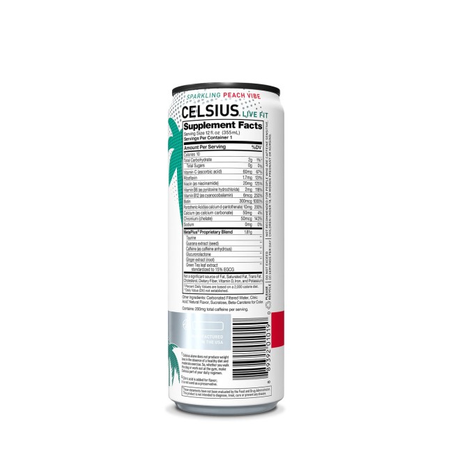 Celsius Energy Drink Peach Vibe, Bautura Energizanta Carbogazoasa Cu Aroma De Piersica Alba, 355 Ml Celsius Energy Drink Peach Vibe, Bautura Energizanta Carbogazoasa Cu Aroma De Piersica Alba, 355 Ml