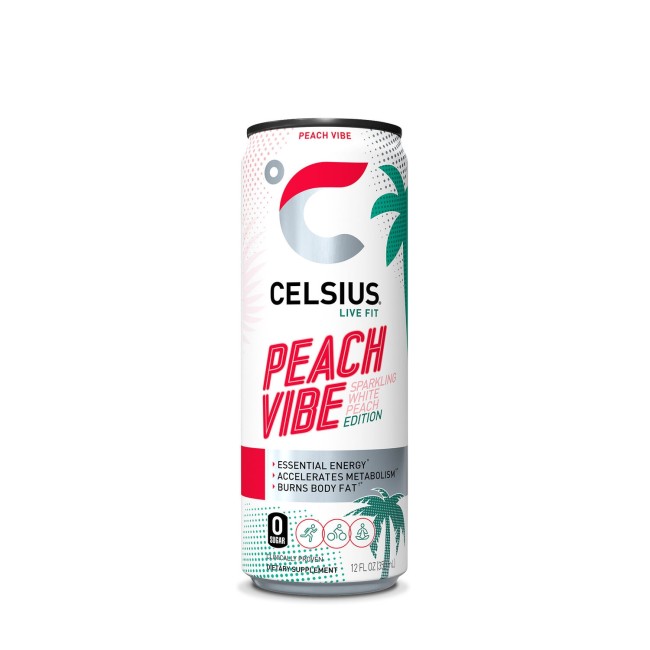 Celsius Energy Drink Peach Vibe, Bautura Energizanta Carbogazoasa Cu Aroma De Piersica Alba, 355 Ml Celsius Energy Drink Peach Vibe, Bautura Energizanta Carbogazoasa Cu Aroma De Piersica Alba, 355 Ml