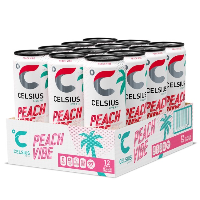 Celsius Energy Drink Peach Vibe, Bautura Energizanta Carbogazoasa Cu Aroma De Piersica Alba, 355 Ml Celsius Energy Drink Peach Vibe, Bautura Energizanta Carbogazoasa Cu Aroma De Piersica Alba, 355 Ml