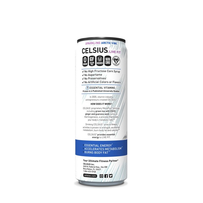 Celsius Energy Drink Arctic Vibe, Bautura Energizanta Carbogazoasa Cu Aroma Racoritoare De Fructe De Padure, 355 Ml