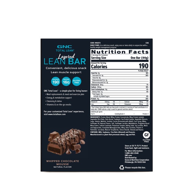 Gnc Total Lean Layered Lean Bar, Baton Proteic, Cu Aroma De Mousse De Ciocolata, 44g Gnc Total Lean Layered Lean Bar, Baton Proteic, Cu Aroma De Mousse De Ciocolata, 44g