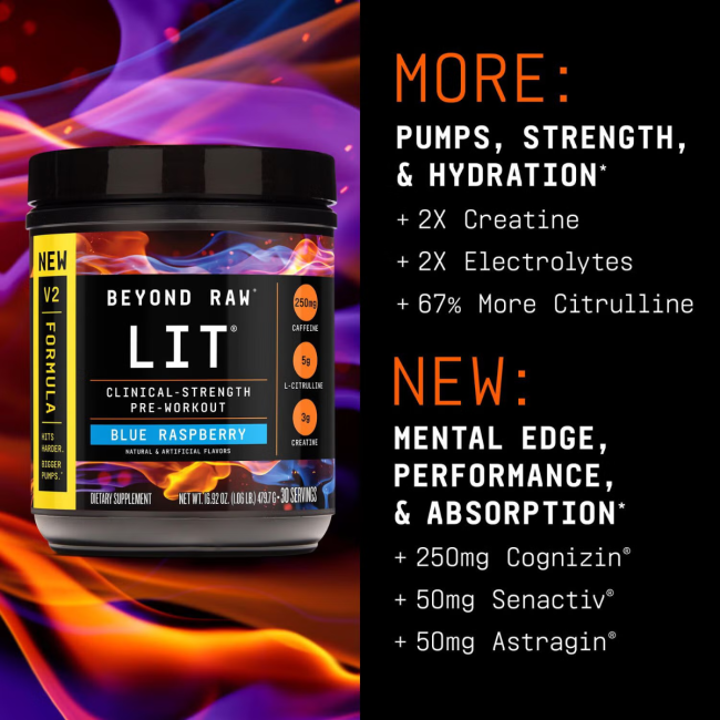 Beyond Raw Lit V2 Pre-workout With Crisp Blue Raspberry Flavor, Pre-workout Cu Aroma De Zmeura Albastra, 479.7 G