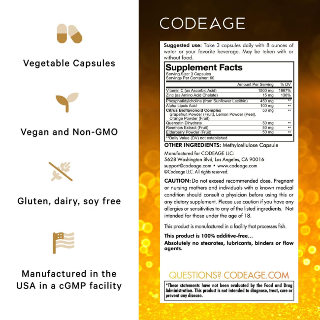 Codeage Liposomal Vitamin C, Vitamina C Liposomala - Formula Avansata Pentru Absorbtie Superioara, 180 Cps