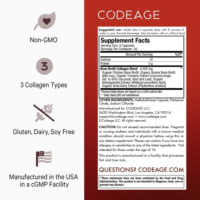 Codeage Bone Broth Collagen Peptides, Peptide Din Colagen De Tipul I, Ii & Iii Din Fiertura De Oase Cu Turmeric Si Ashwagandha, 180 Cps Codeage Bone Broth Collagen Peptides, Peptide Din Colagen De Tipul I, Ii & Iii Din Fiertura De Oase Cu Turmeric Si Ashwagandha, 180 Cps