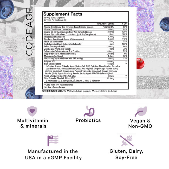 Codeage Teen Clearface Daily Multivitamin & Minerals, Complex De Multivitamine Pentru Adolescenti Pentru Ten Sanatos, 60 Cps