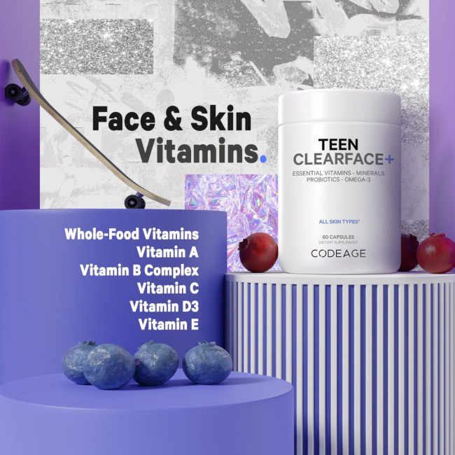 Codeage Teen Clearface Daily Multivitamin & Minerals, Complex De Multivitamine Pentru Adolescenti Pentru Ten Sanatos, 60 Cps