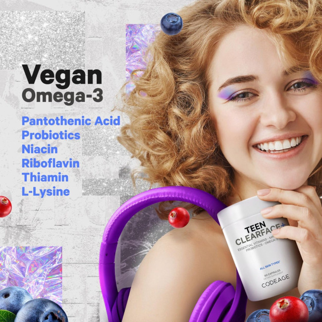 Codeage Teen Clearface Daily Multivitamin & Minerals, Complex De Multivitamine Pentru Adolescenti Pentru Ten Sanatos, 60 Cps