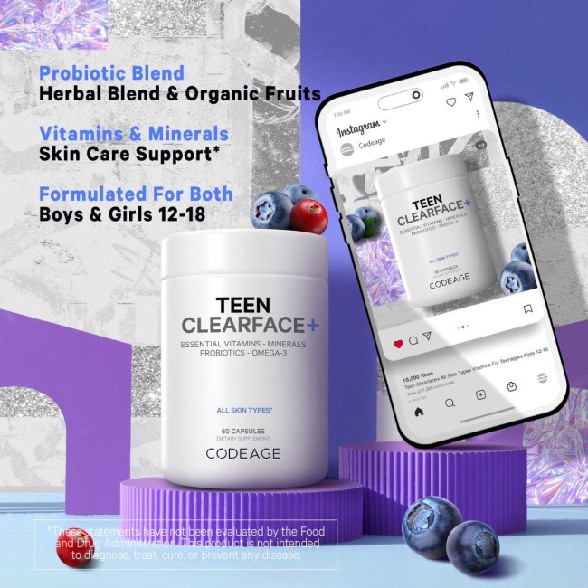 Codeage Teen Clearface Daily Multivitamin & Minerals, Complex De Multivitamine Pentru Adolescenti Pentru Ten Sanatos, 60 Cps